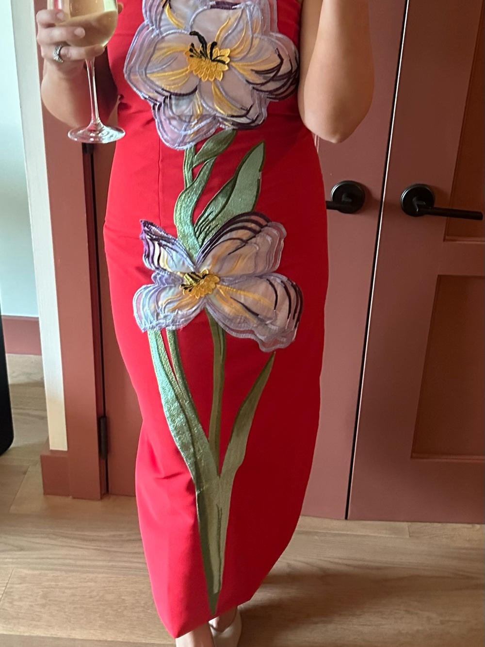 Red Midi Dress with Embroidered Floral Appliqué